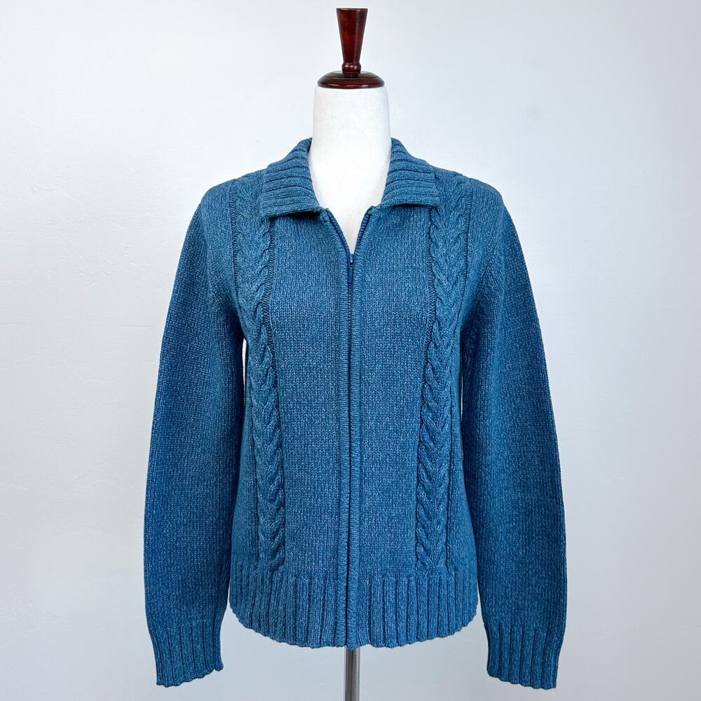 Cabela's Heather Blue 100% Cotton Cable Knit Zip-Front Cardigan Jacket MEDIUM